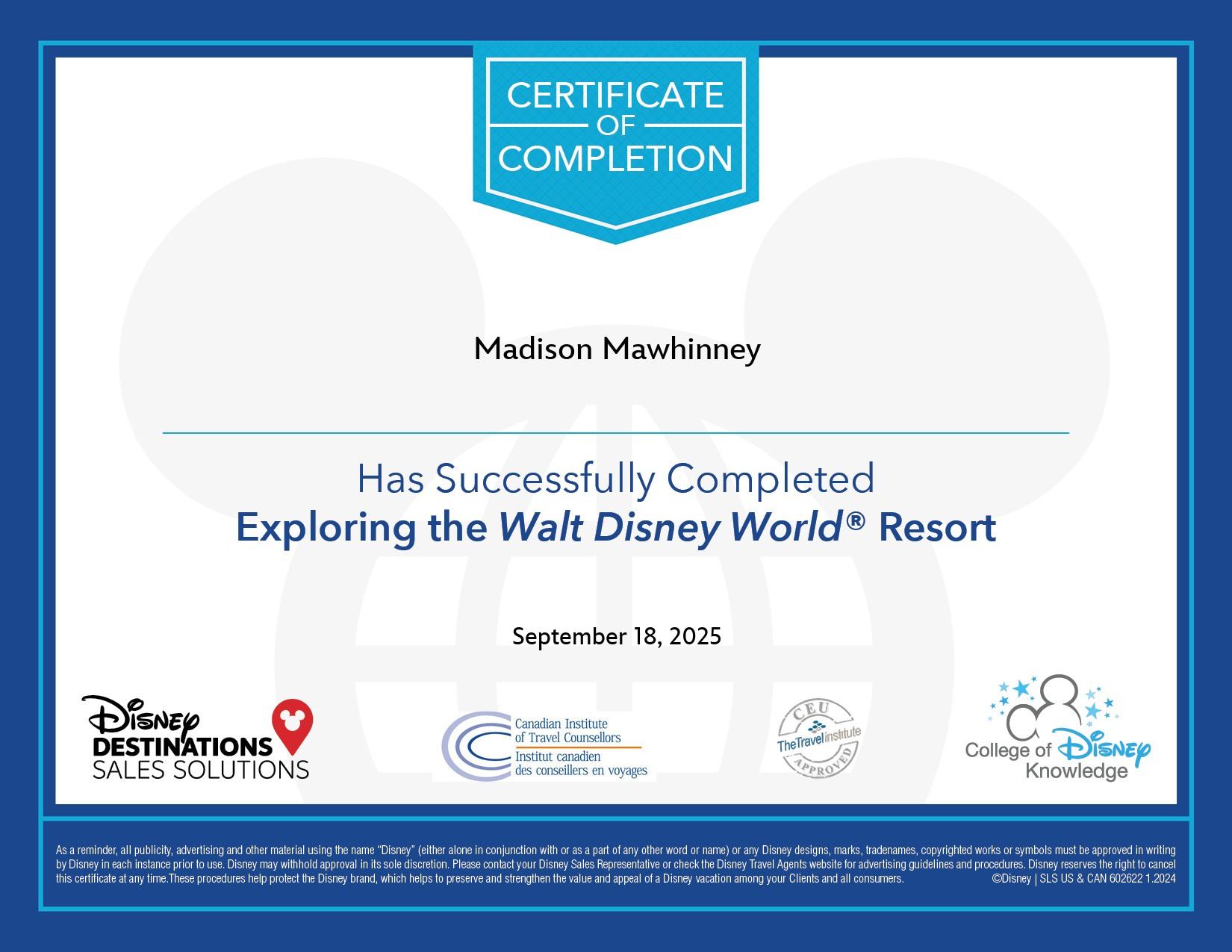 Exploring the Walt Disney World Resort certificate awarded to Madison Mawhinney by the College of Disney Knowledge