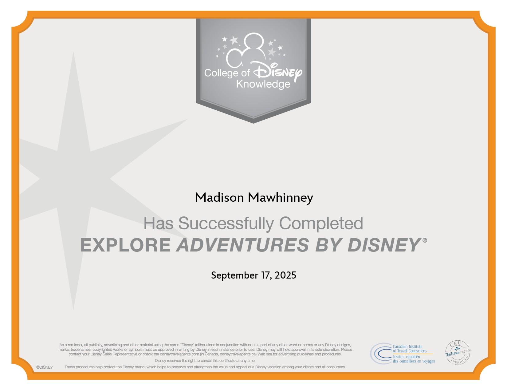 Explore Adventures by Disney certificate awarded to Madison Mawhinney by the College of Disney Knowledge