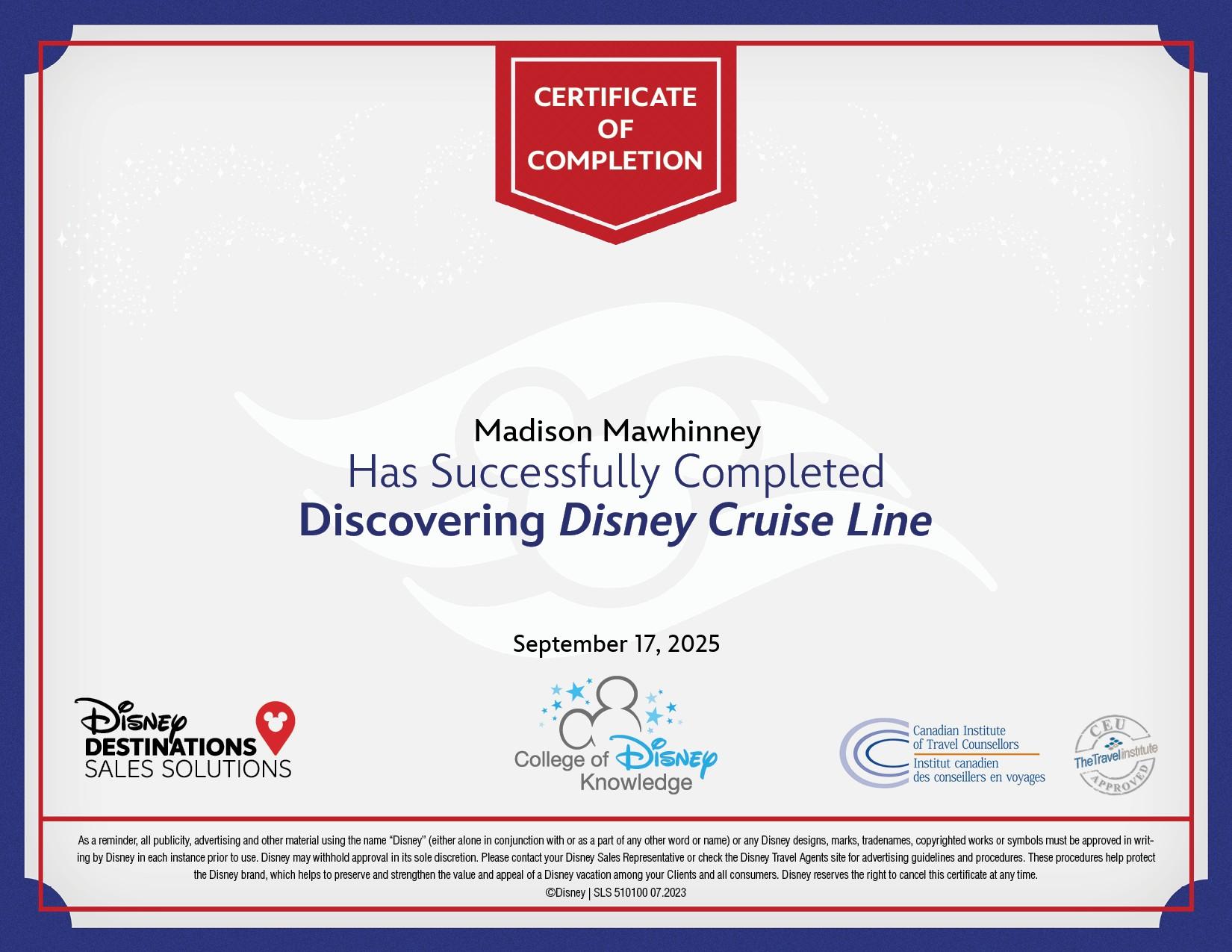 Discovering Disney Cruise Line certificate awarded to Madison Mawhinney by the College of Disney Knowledge
