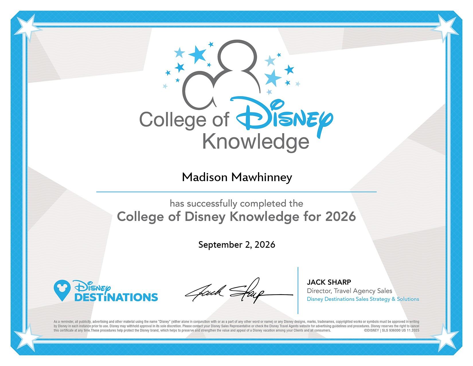 College of Disney Knowledge for 2026 certificate awarded to Madison Mawhinney by the College of Disney Knowledge