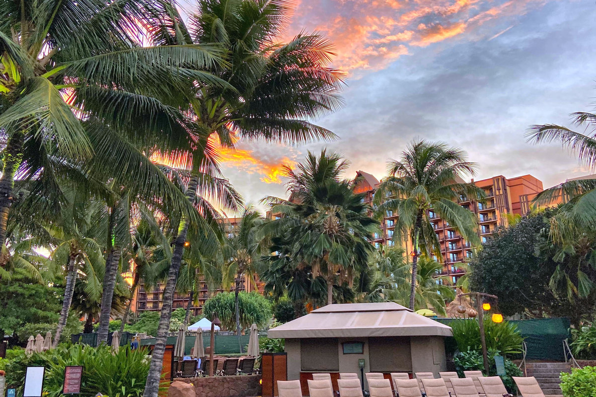 Pools and palm trees at Aulani, A Disney Resort and Spa on Oahu