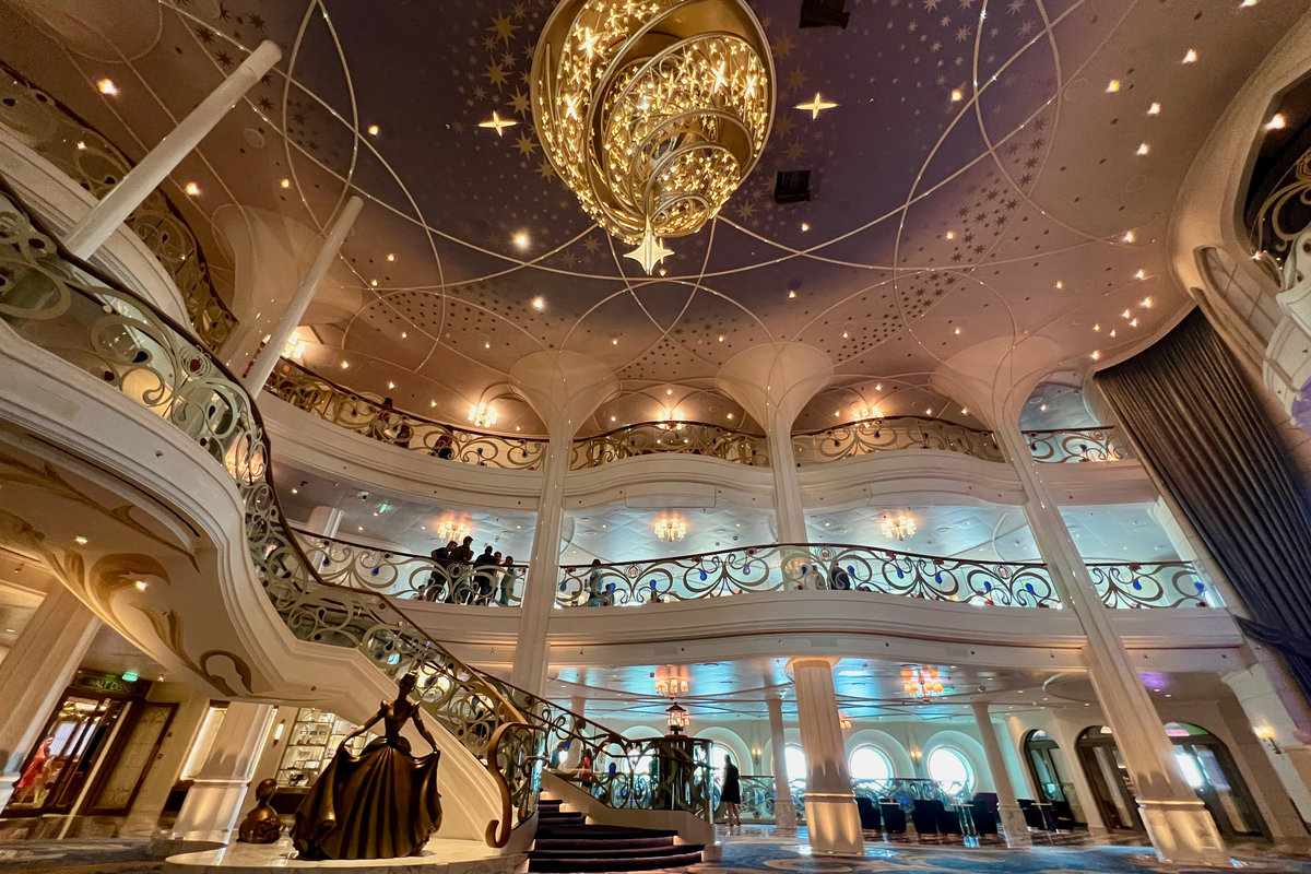 The grand atrium of a Disney Cruise Line ship