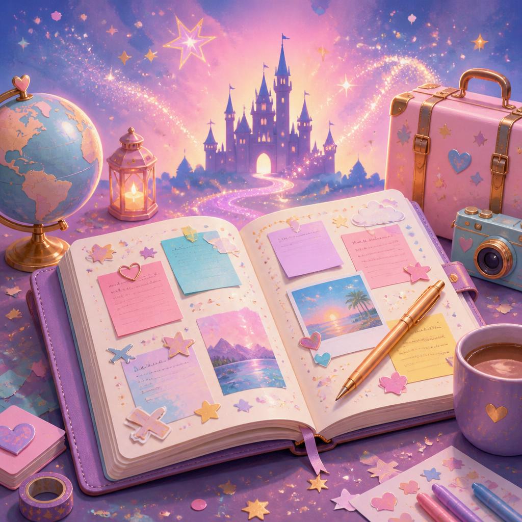 Whimsical Disney travel planner journal with a glowing castle, sparkling stars and colorful notes in pink, purple and blue